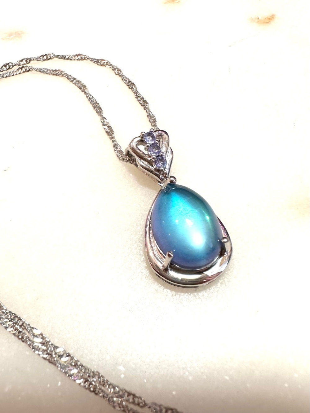 Aurora Moonstone with Blue Tanzanite Sterling Silver Pendant with Chain Necklace - Picture 4 of 16